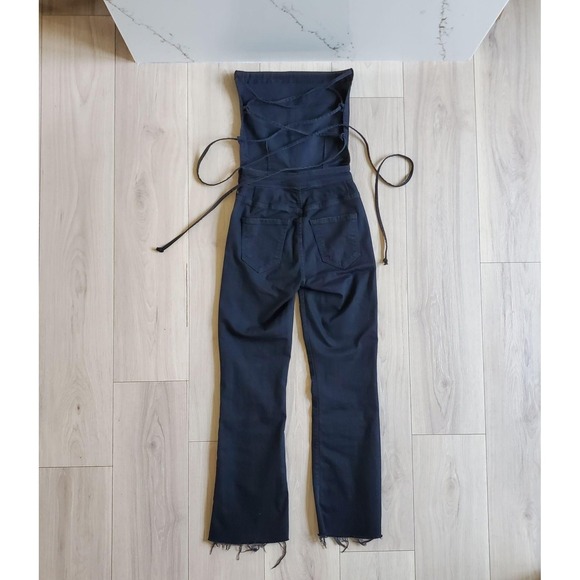 MOTHER Pants - Mother Jumpsuit Womens 23 Black Denim Strapless Lace Up Fringe Hem Stretch Slim